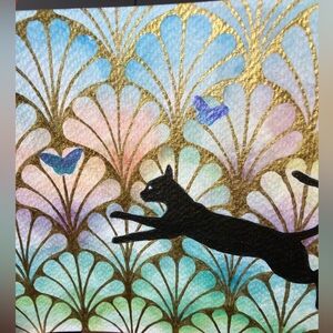 Original cat painting butterflies art nouveau hold accent decor Artettina USA